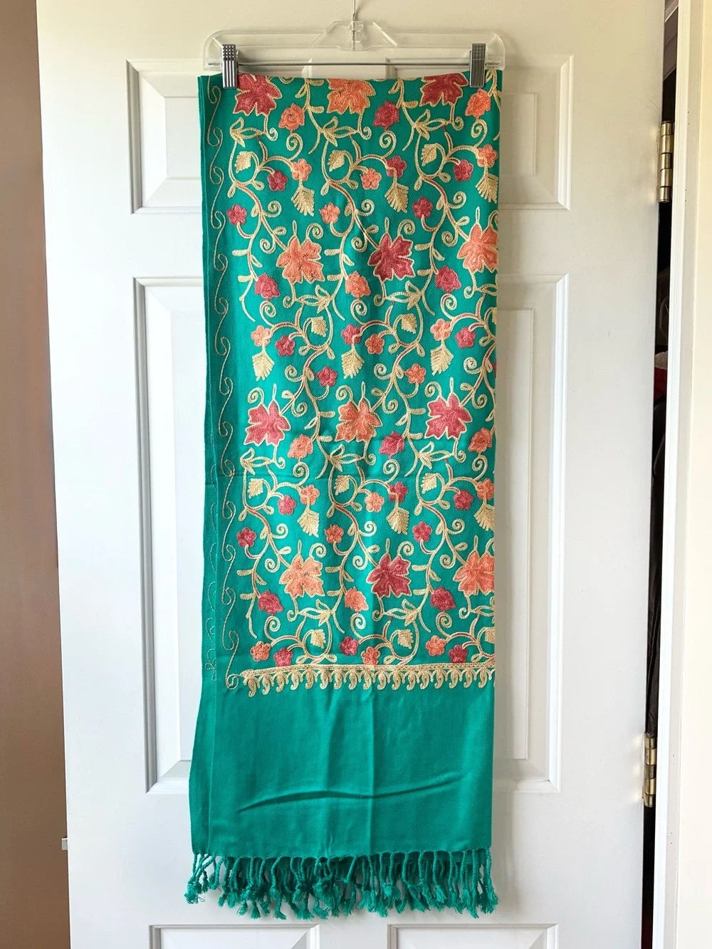 Green Embroidered Large Scarf Shawl Wrap with Fringe Fall Leaf Motif Green